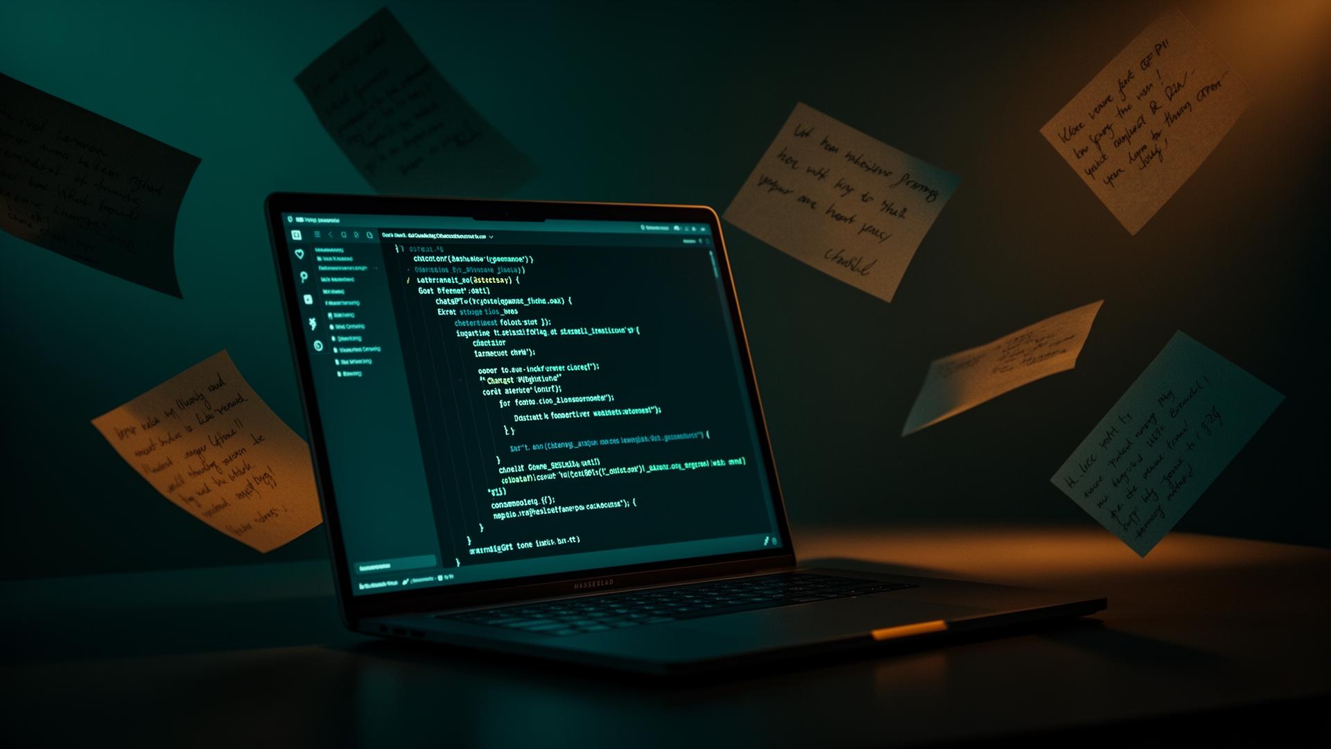 Dark editorial scene of a laptop running a ChatGPT session surrounded by floating handwritten prompt notes