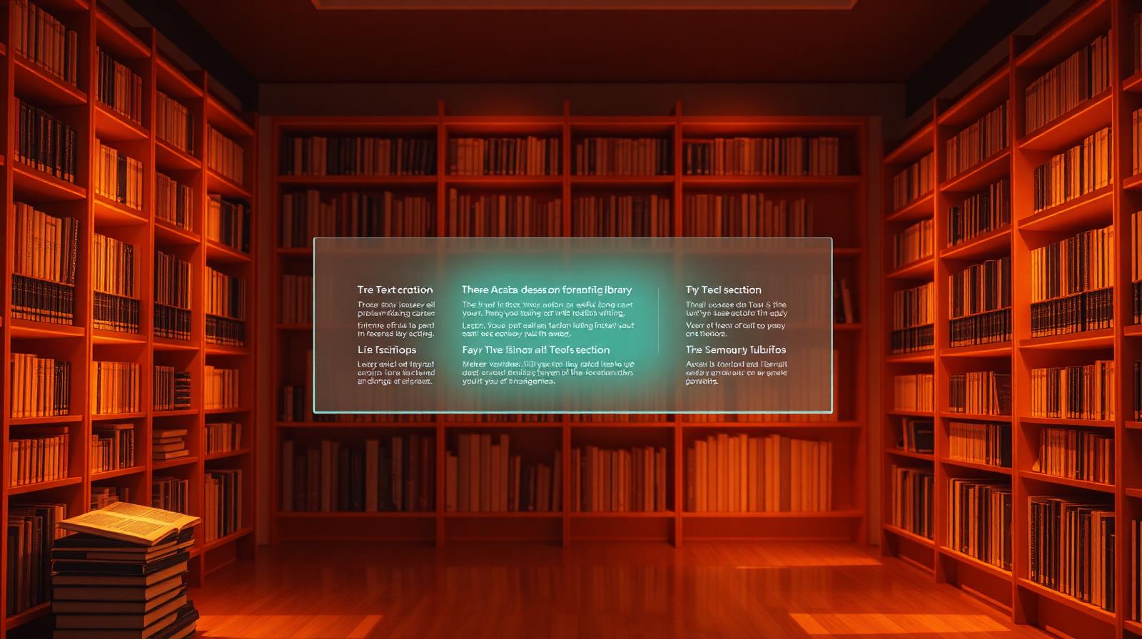 Warm minimalist library with floating translucent text panels, illustrating careful long-form Claude prompt engineering